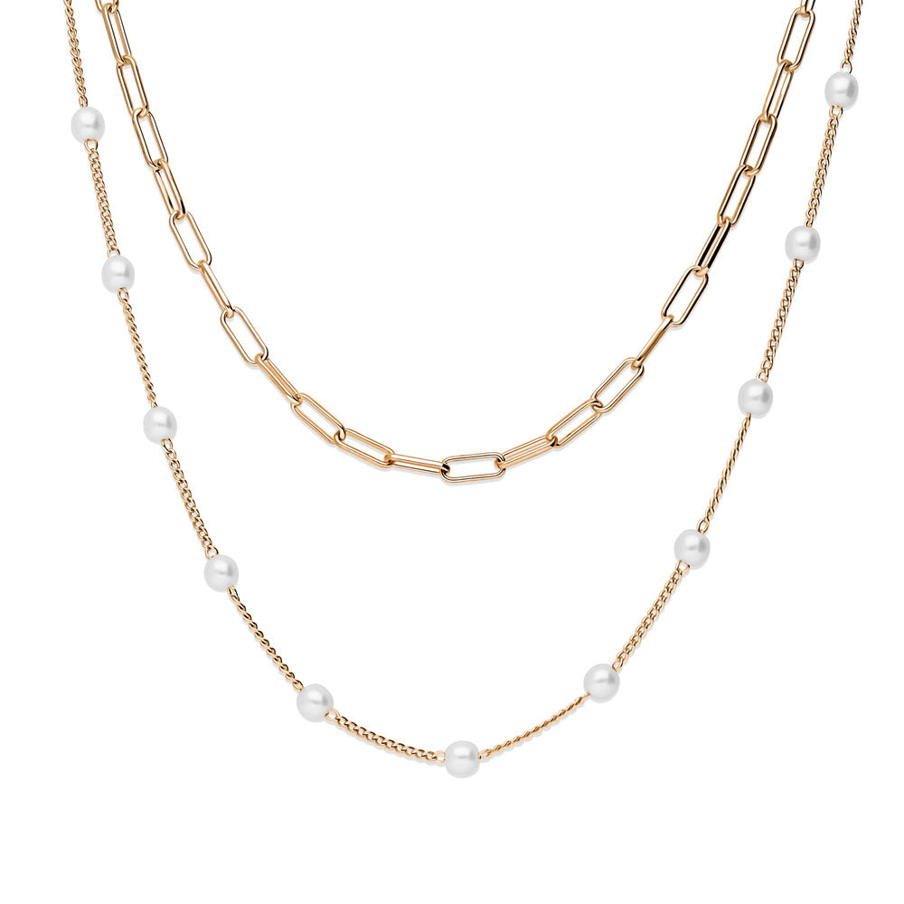 Paperclip Imitation Pearl Chain Necklace in Base Metal, 2 Piece, 1 of 16