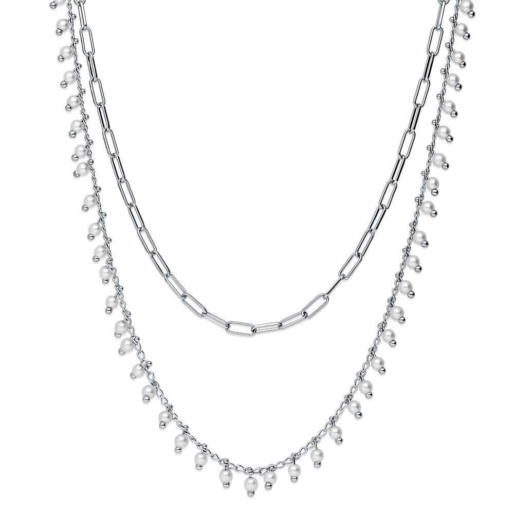 Paperclip Imitation Pearl Chain Necklace in Silver-Tone, 2 Piece, 1 of 15
