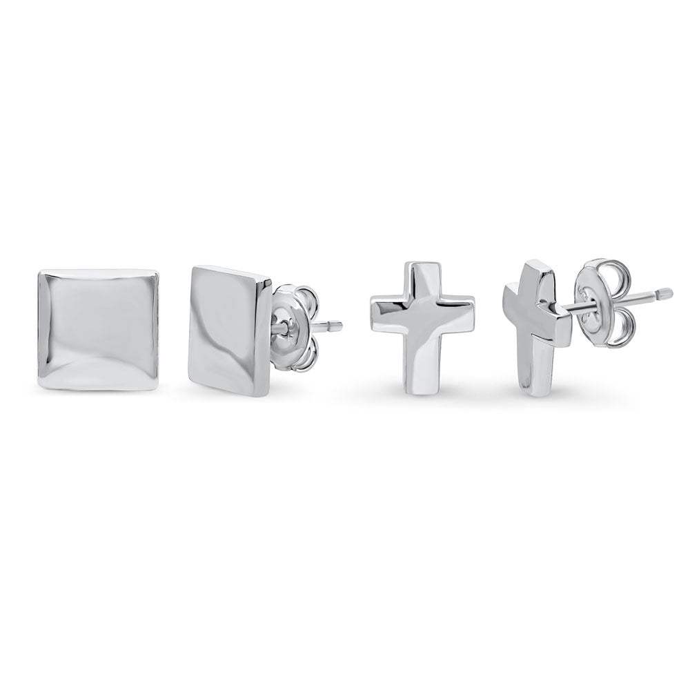 Cross Square Stud Earrings in Sterling Silver, 2 Pairs