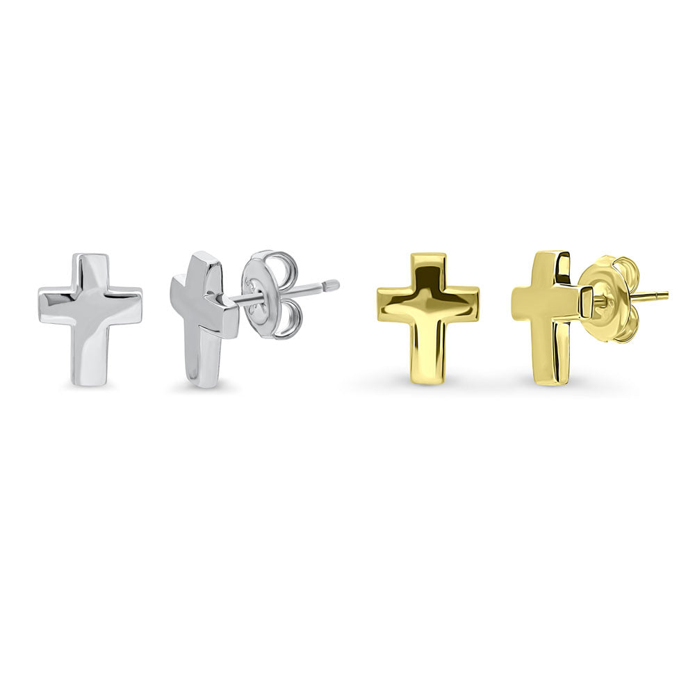Cross Stud Earrings in Gold Flashed Sterling Silver, 2 Pairs