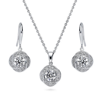 Flower Halo CZ Necklace and Earrings Set in Sterling Silver