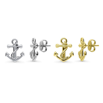Anchor Stud Earrings in Sterling Silver, 2 Pairs