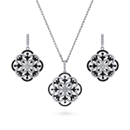 Flower Black and White CZ Set in Sterling Silver