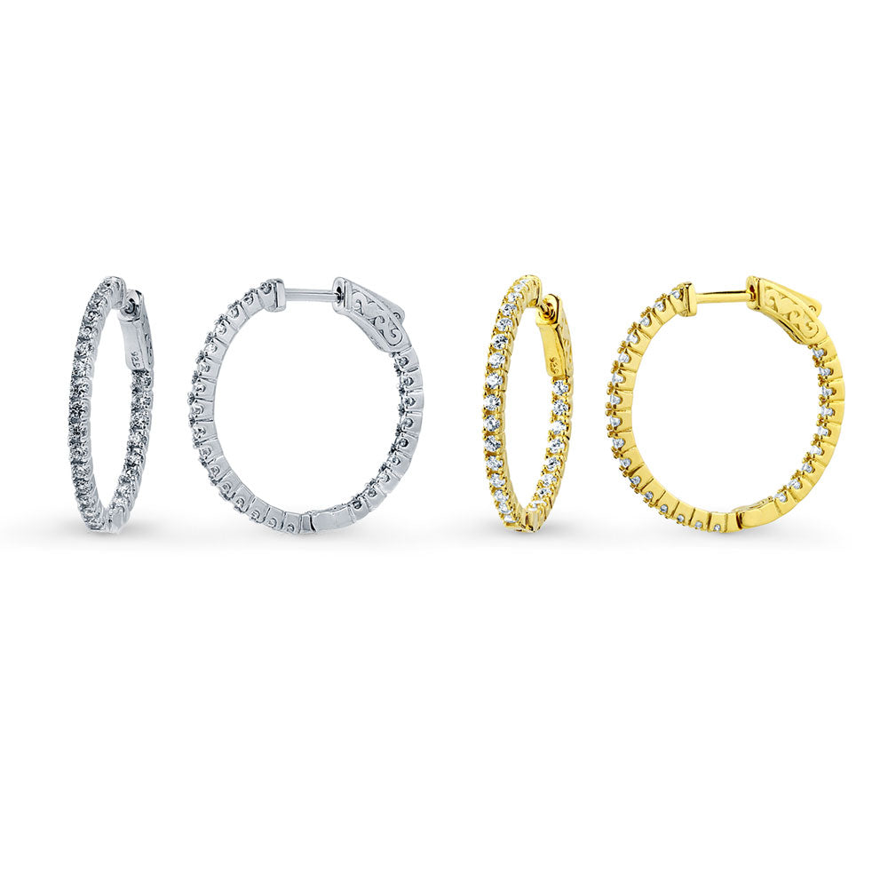 CZ Small Inside-Out Hoop Earrings in Sterling Silver 1", 2 Pairs
