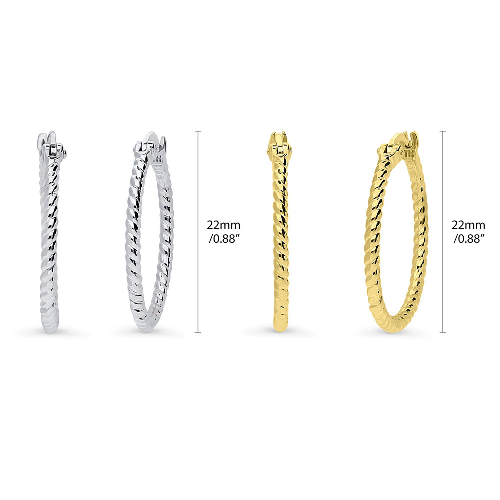 Front view of Cable Hoop Earrings in Gold Flashed Sterling Silver 0.9 inch, 2 Pairs, 4 of 14
