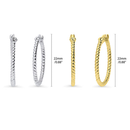 Cable Hoop Earrings in Gold Flashed Sterling Silver 0.9", 2 Pairs