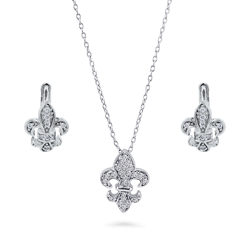 Fleur De Lis CZ Necklace and Huggie Earrings Set in Sterling Silver, 1 of 17