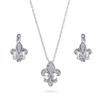 Fleur De Lis CZ Necklace and Huggie Earrings Set in Sterling Silver