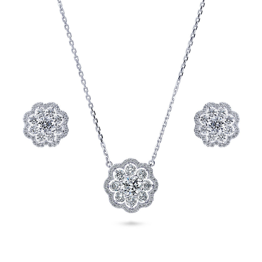 Flower Halo CZ Necklace and Earrings in Sterling Silver, 1 of 14