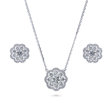 Flower Halo CZ Necklace and Earrings Set in Sterling Silver