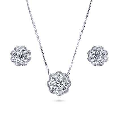 Flower Halo CZ Necklace and Earrings in Sterling Silver