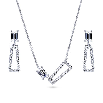 Cable Trapezoid CZ Necklace and Earrings Set in Sterling Silver