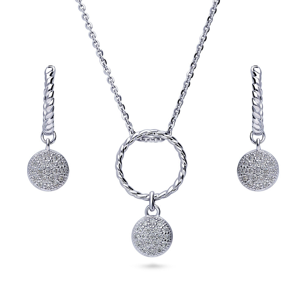Disc Open Circle CZ Necklace and Hoop Earrings Set in Sterling Silver