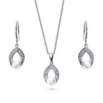 Woven Imitation Pearl Necklace and Earrings Set in Sterling Silver