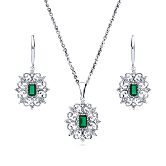 Art Deco Filigree Green CZ Necklace and Earrings Set in Sterling Silver