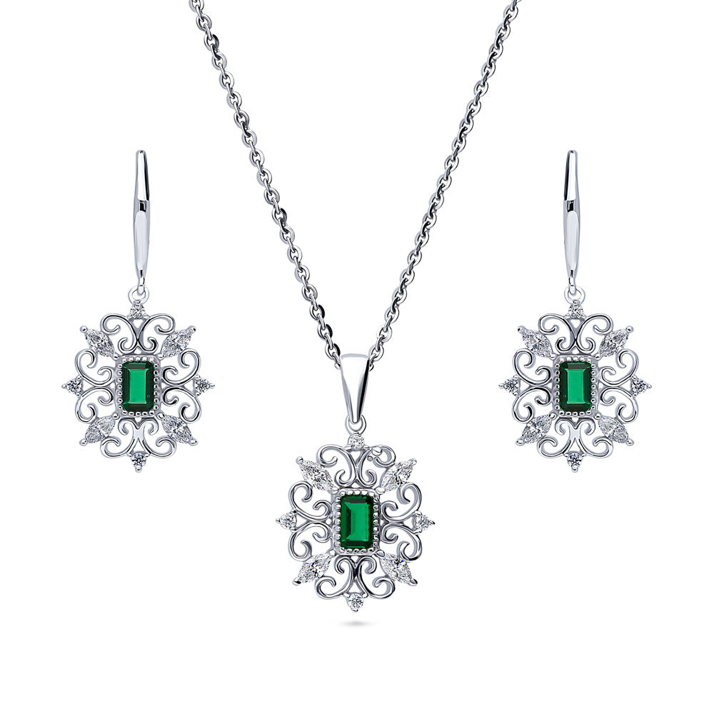 Art Deco Filigree Green CZ Necklace and Earrings Set in Sterling Silver, 1 of 14
