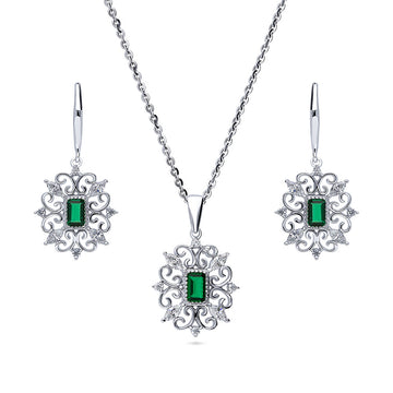 Art Deco Filigree Green CZ Necklace and Earrings Set in Sterling Silver