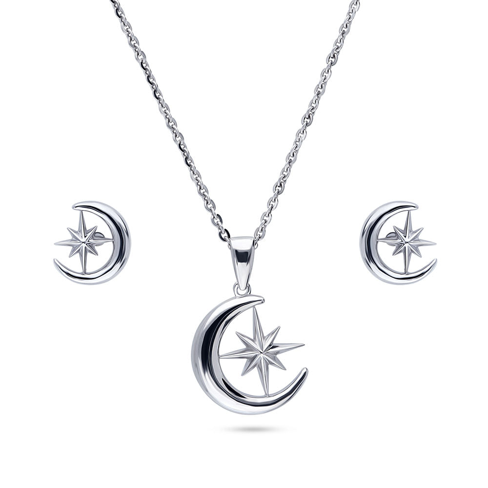 Crescent Moon North Star Necklace and Earrings Set in Sterling Silver, 1 of 14