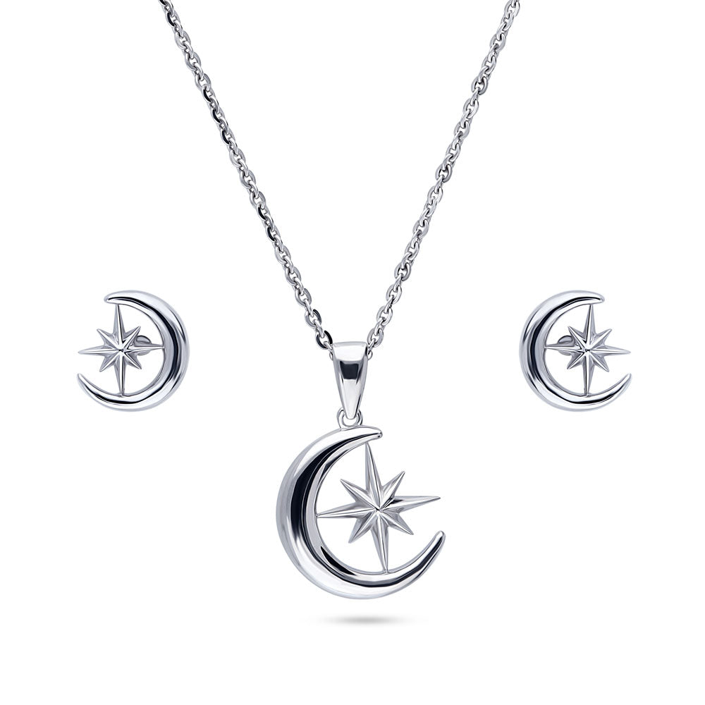 Crescent Moon North Star Set in Sterling Silver