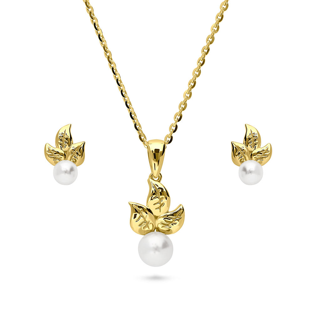 Leaf Imitation Pearl Set in Gold Flashed Sterling Silver, 1 of 10