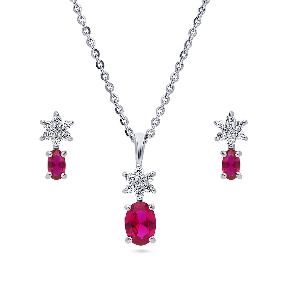 Flower Simulated Ruby CZ Necklace and Earrings Set in Sterling Silver, 1 of 11
