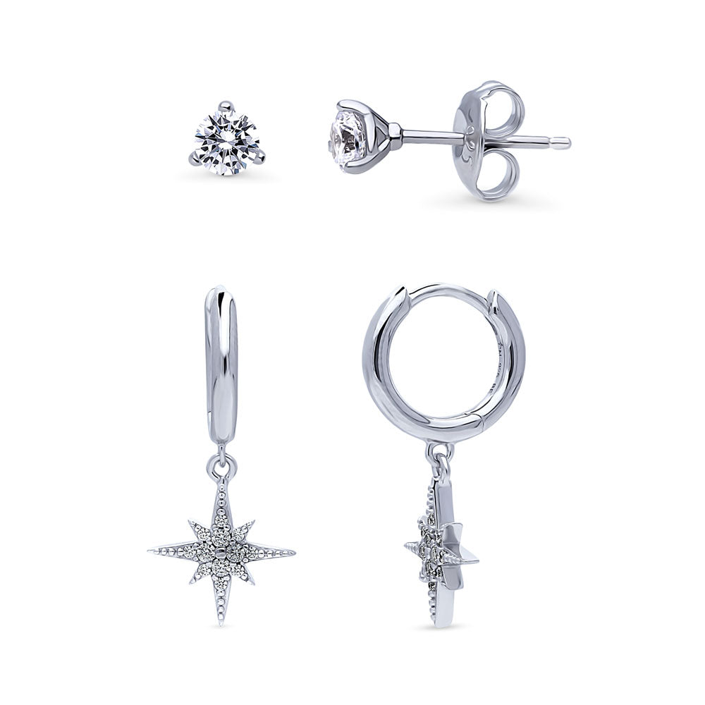 Solitaire Starburst CZ Earrings Set in Sterling Silver, 2 Pairs, 1 of 19