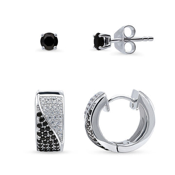 CZ 2 Pairs Huggie and Stud Earrings Set in Sterling Silver