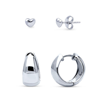 Heart 2 Pairs Huggie and Stud Earrings Set in Sterling Silver