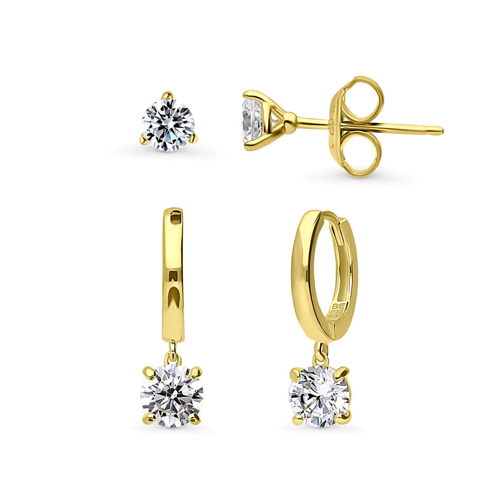 Solitaire 1.6ct Round CZ 2 Pairs Earrings Set in Sterling Silver