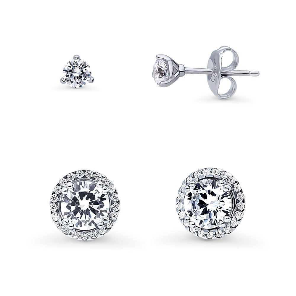 Halo Solitaire Round CZ Stud Earrings in Sterling Silver, 2 Pairs, 1 of 19