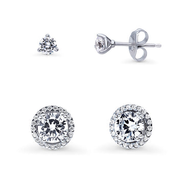 Halo Solitaire Round CZ Stud Earrings in Sterling Silver, 2 Pairs