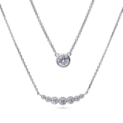 Solitaire Bubble Bar CZ Layered Necklace Set in Sterling Silver