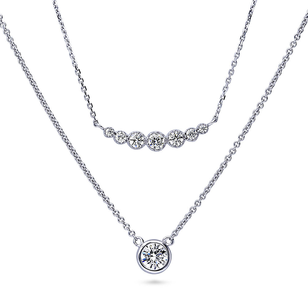 Front view of Bar Bubble Bezel Set CZ Pendant Necklace in Sterling Silver, 2 Piece, 3 of 14