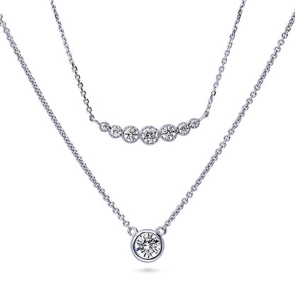 Solitaire Bubble Bar CZ Layered Necklace Set in Sterling Silver