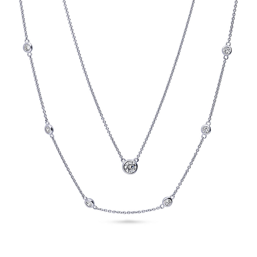 Solitaire Station Bezel CZ Necklace Set in Sterling Silver