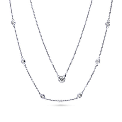 Solitaire Station Bezel CZ Necklace Set in Sterling Silver