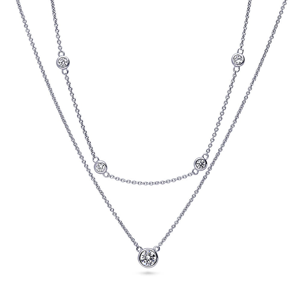 Front view of Solitaire 0.45ct Round CZ Pendant Station Necklace in Sterling Silver, 3 of 11