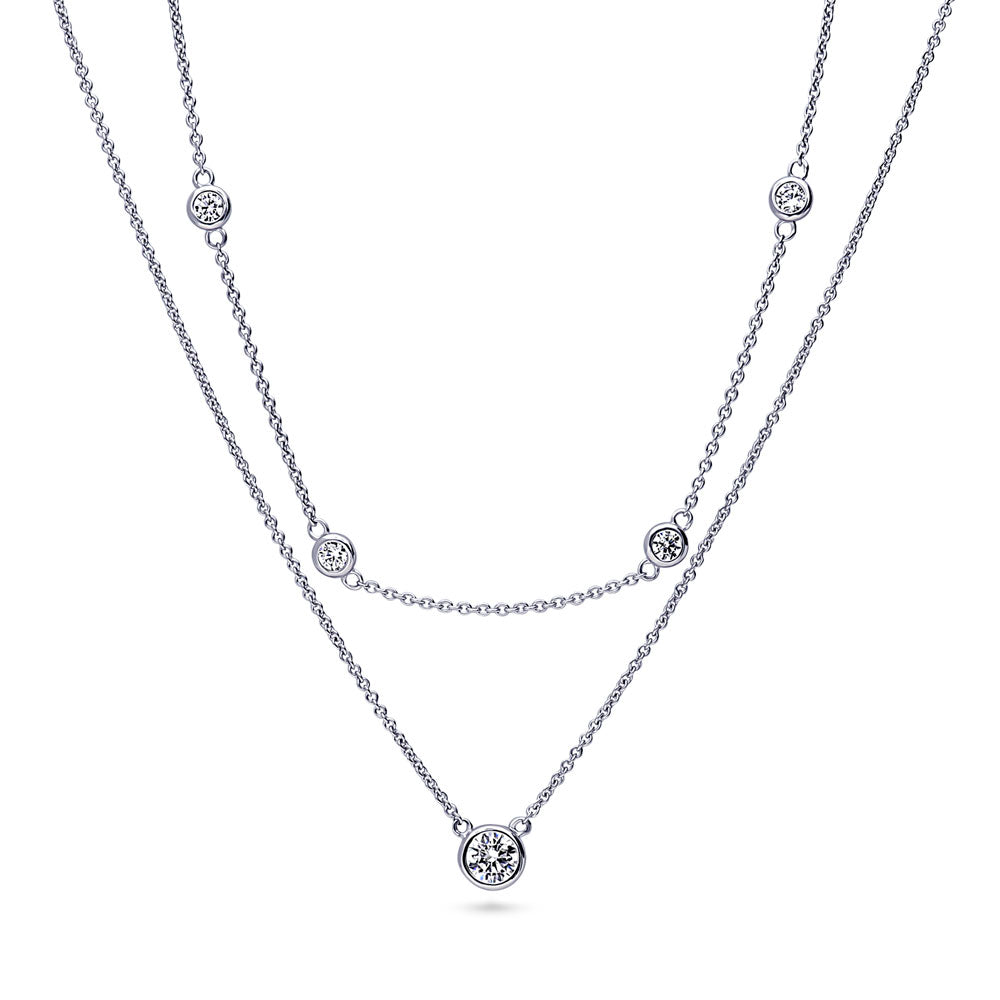 Solitaire Station Bezel CZ Necklace Set in Sterling Silver