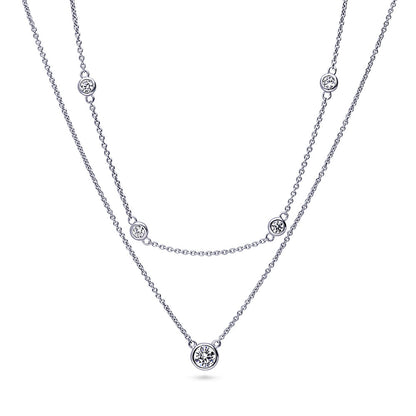 Solitaire Station Bezel CZ Necklace Set in Sterling Silver