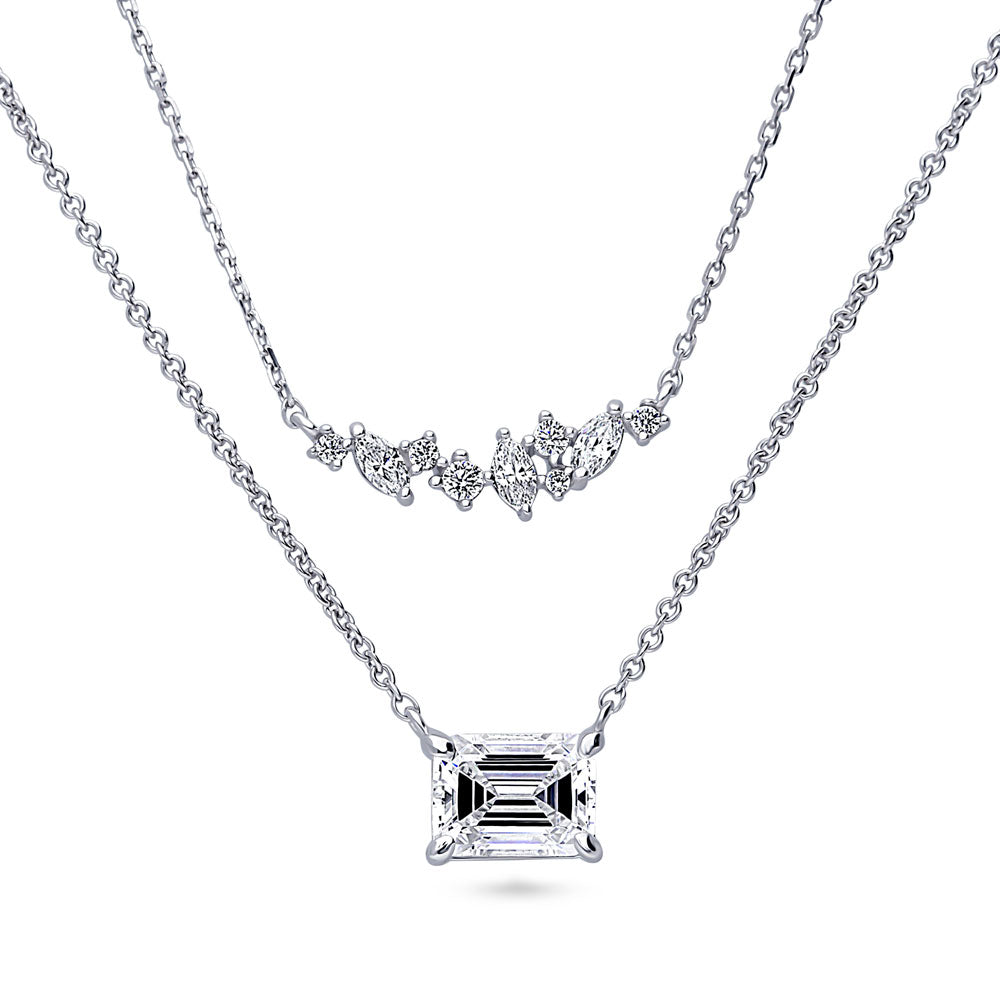 Front view of Solitaire CZ Layered Necklace in Sterling Silver, 2-Piece, 4 of 13