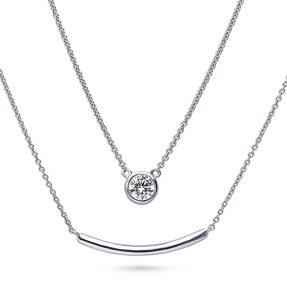 Bar Solitaire Bezel Set CZ Pendant Necklace in Sterling Silver, 2 Piece