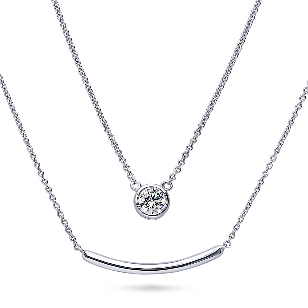 Bar Solitaire Bezel Set CZ Pendant Necklace in Sterling Silver, 2 Piece, 1 of 13