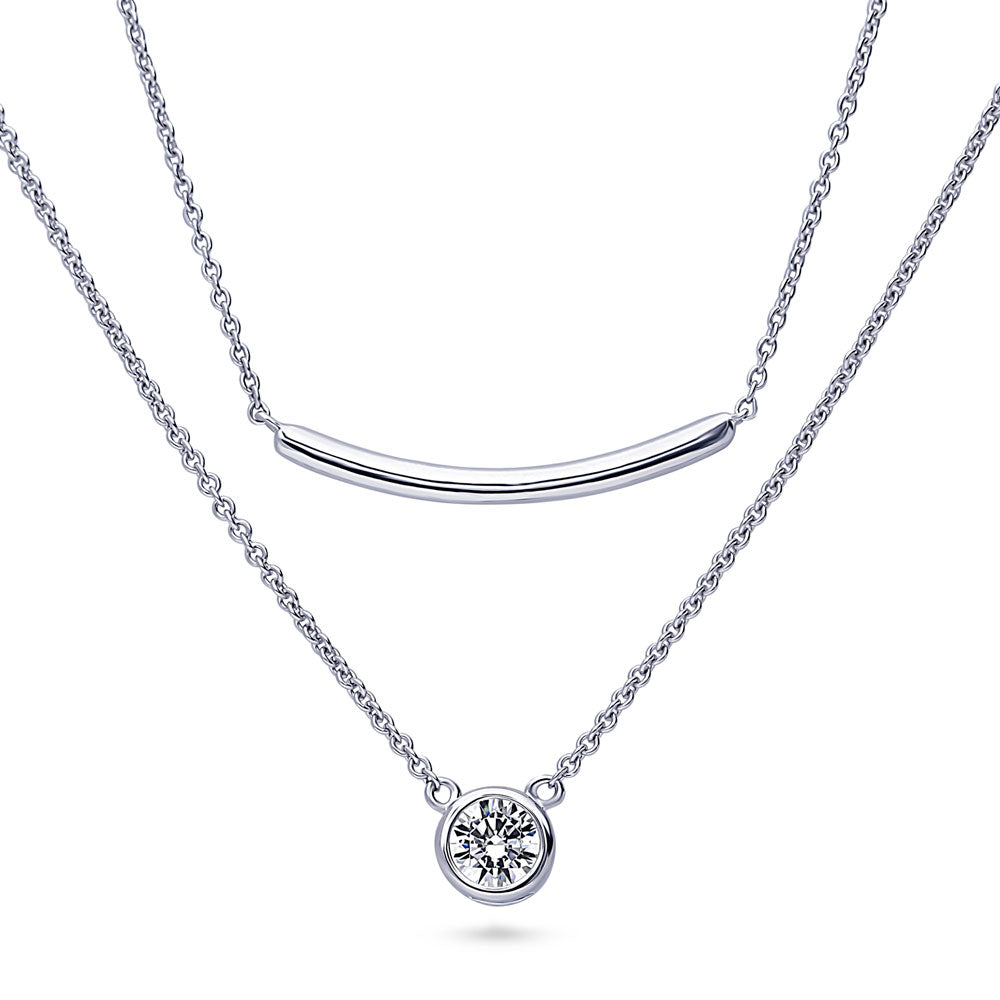 Bar Solitaire Bezel Set CZ Pendant Necklace in Sterling Silver, 2 Piece