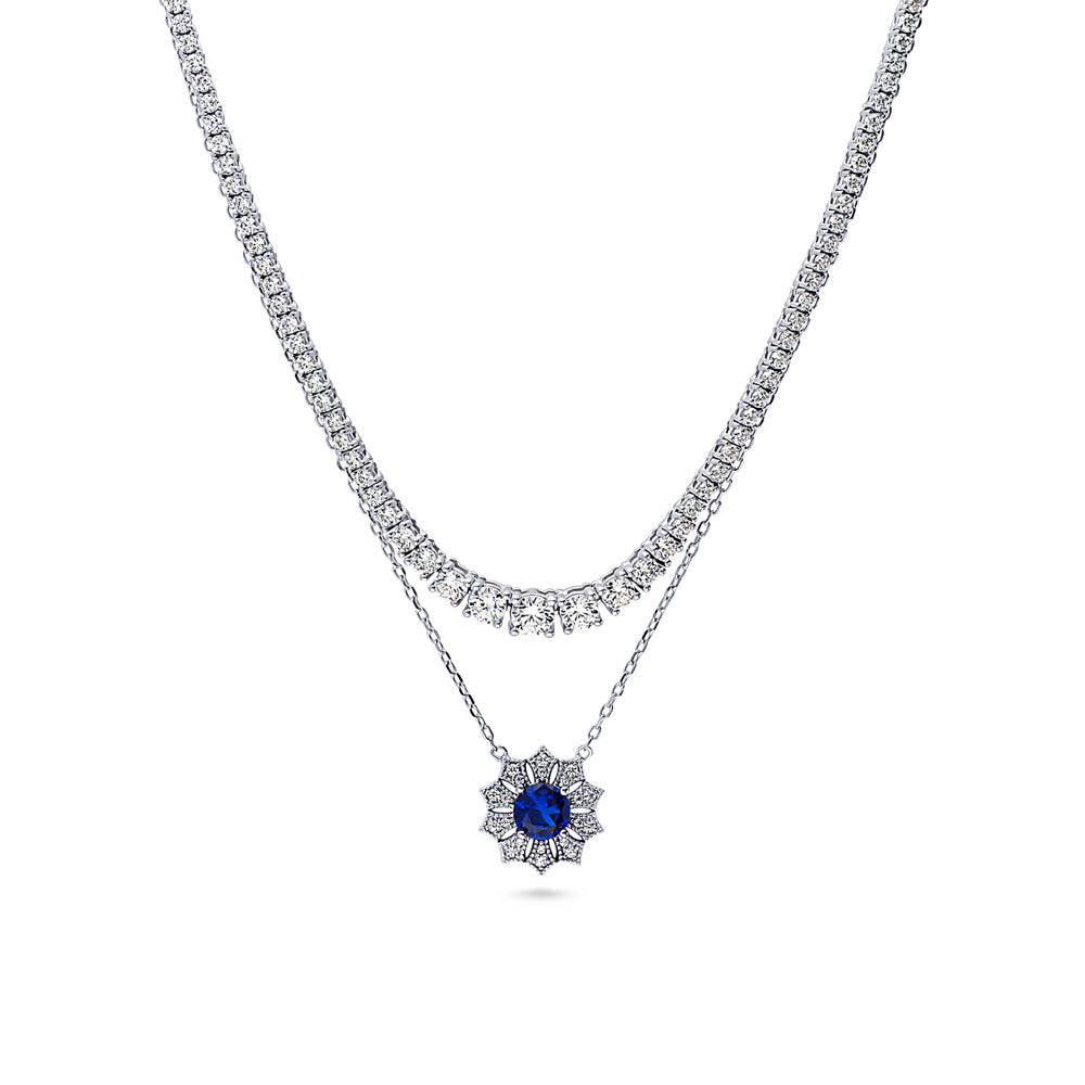 Flower Blue CZ Pendant And Tennis Necklace Set in Sterling Silver, 1 of 19