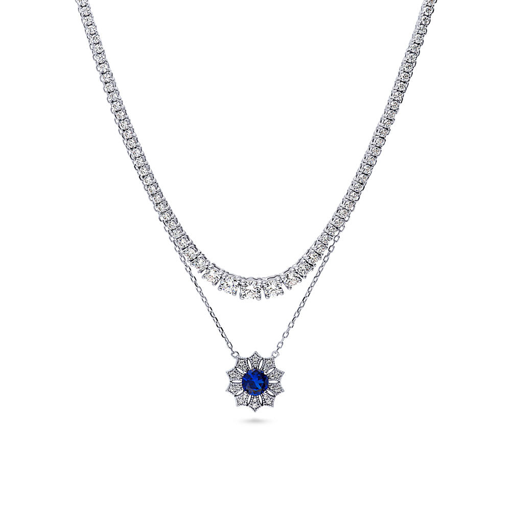 Graduated Flower Milgrain Blue CZ Necklace Set in Sterling Silver