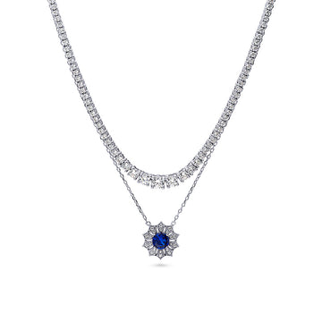 Flower Blue CZ Pendant And Tennis Necklace Set in Sterling Silver