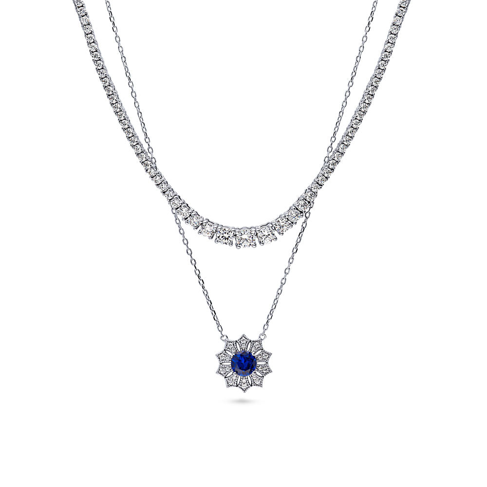 Front view of Graduated Flower Milgrain Blue CZ Necklace Set in Sterling Silver, 3 of 20