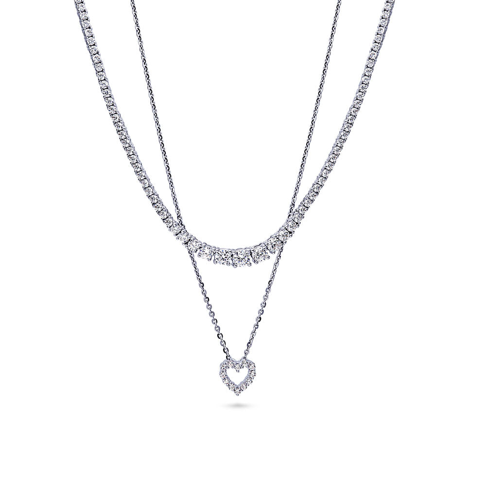 Front view of Graduated CZ Pendant And Tennis Necklace Set in Sterling Silver, 4 of 20