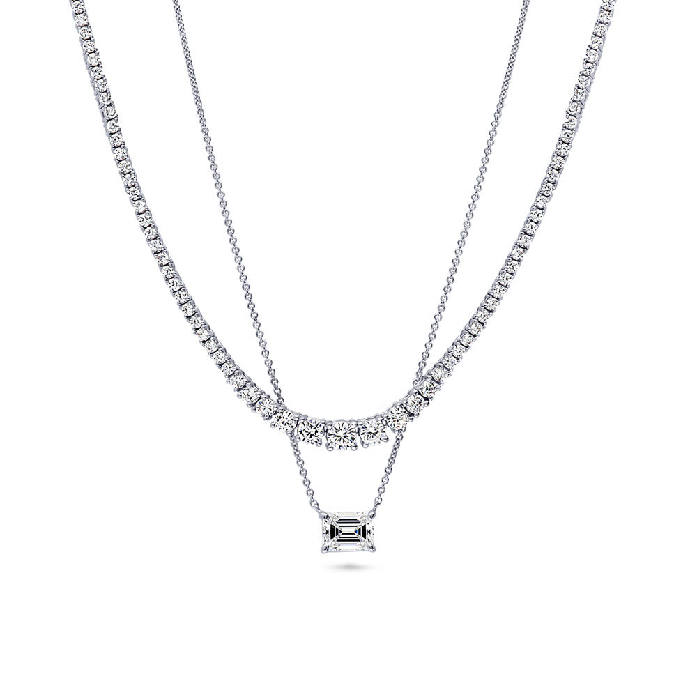 Front view of East-West CZ Pendant And Tennis Necklace Set in Sterling Silver, 3 of 19