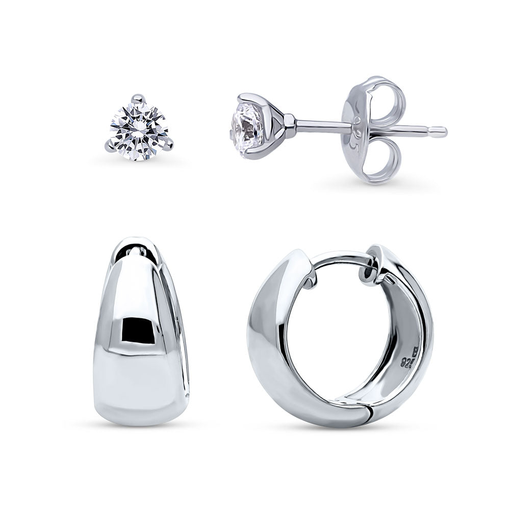 Dome CZ 2 Pairs Huggie and Stud Earrings Set in Sterling Silver, 1 of 18